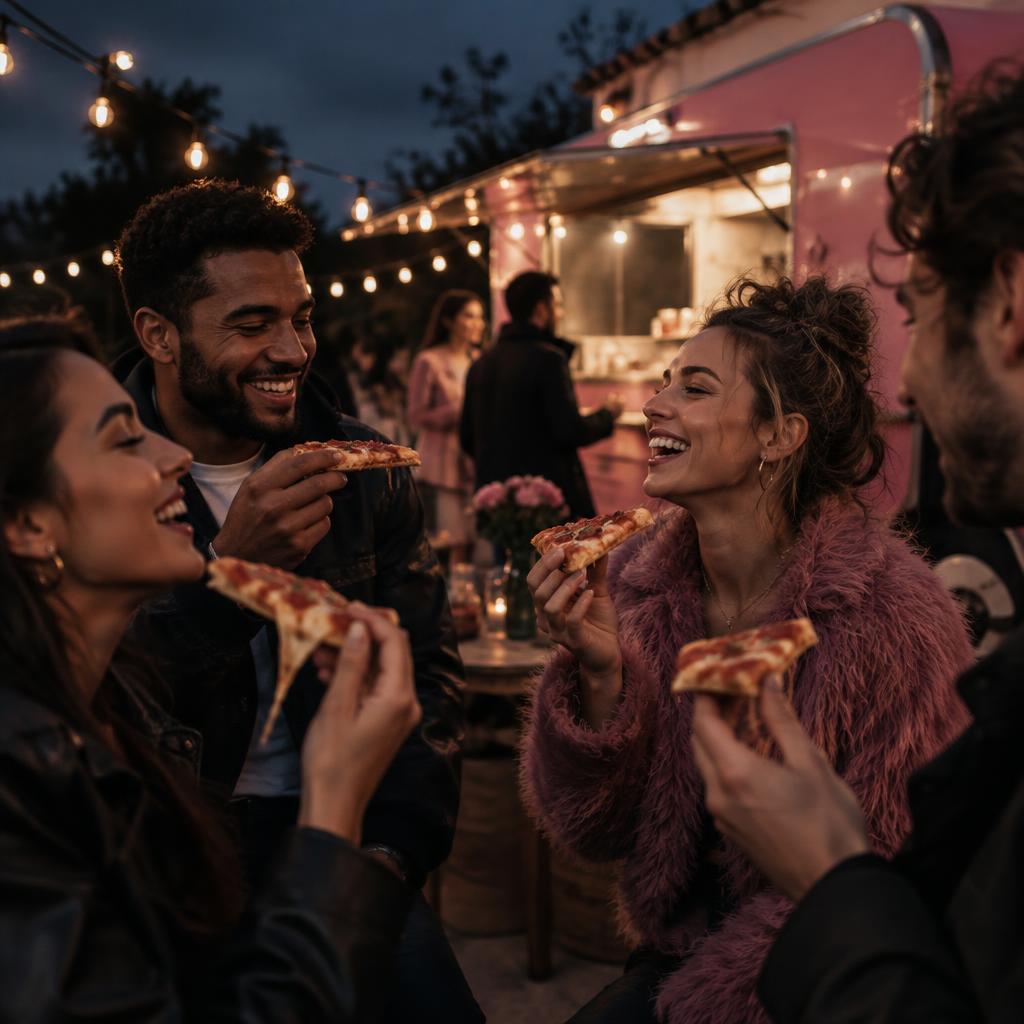 Friends sharing pizza at an outdoor event