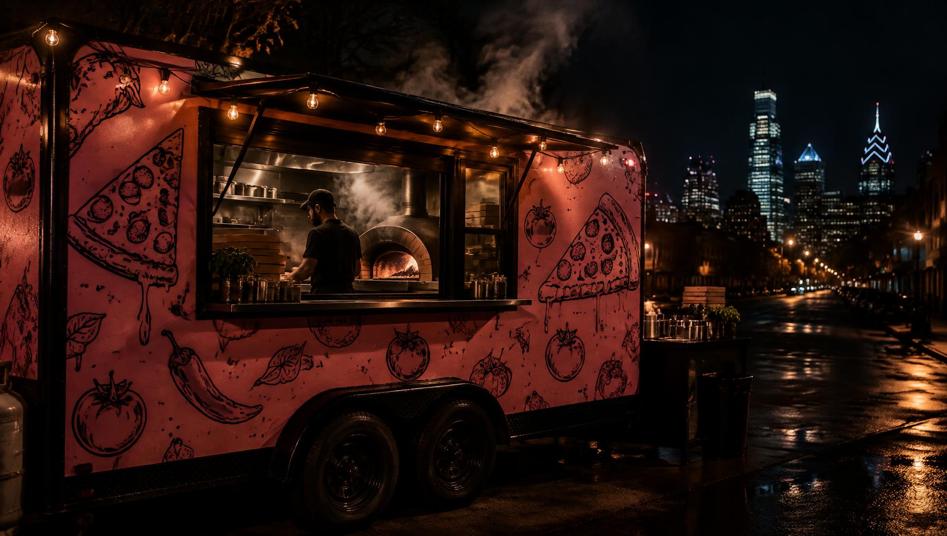 The pink Crust Issues pizza trailer serving in Philadelphia